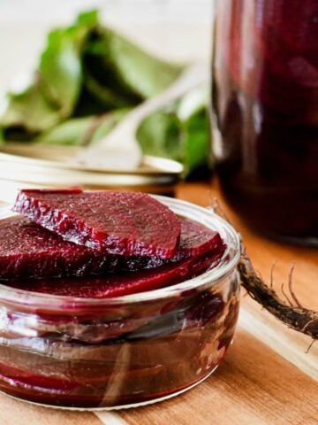 pickled beetroot in condiment jar.