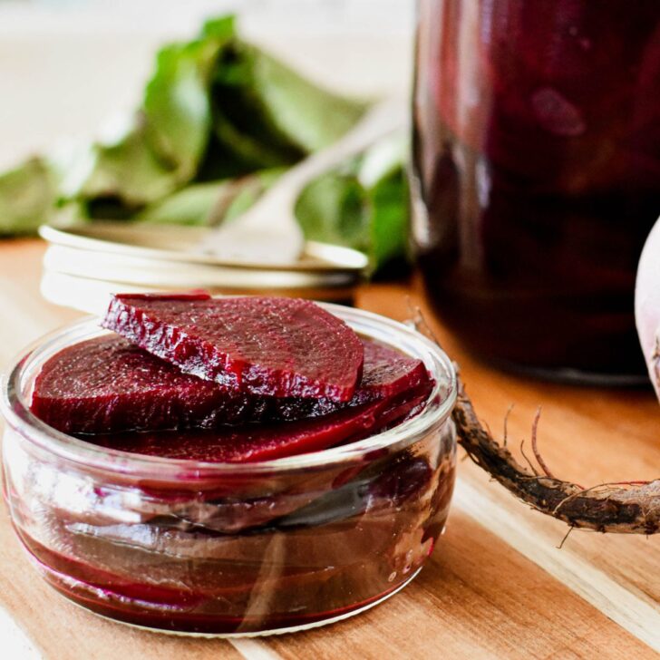 pickled beetroot in condiment jar.