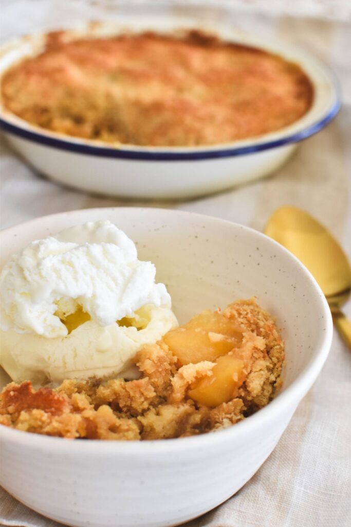 apple crumble served with ice cream.