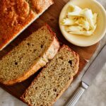 banana bread slices on board.