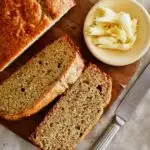 banana bread slices on board.