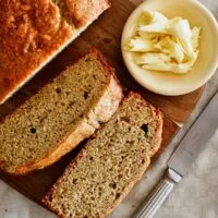 banana bread slices on board.