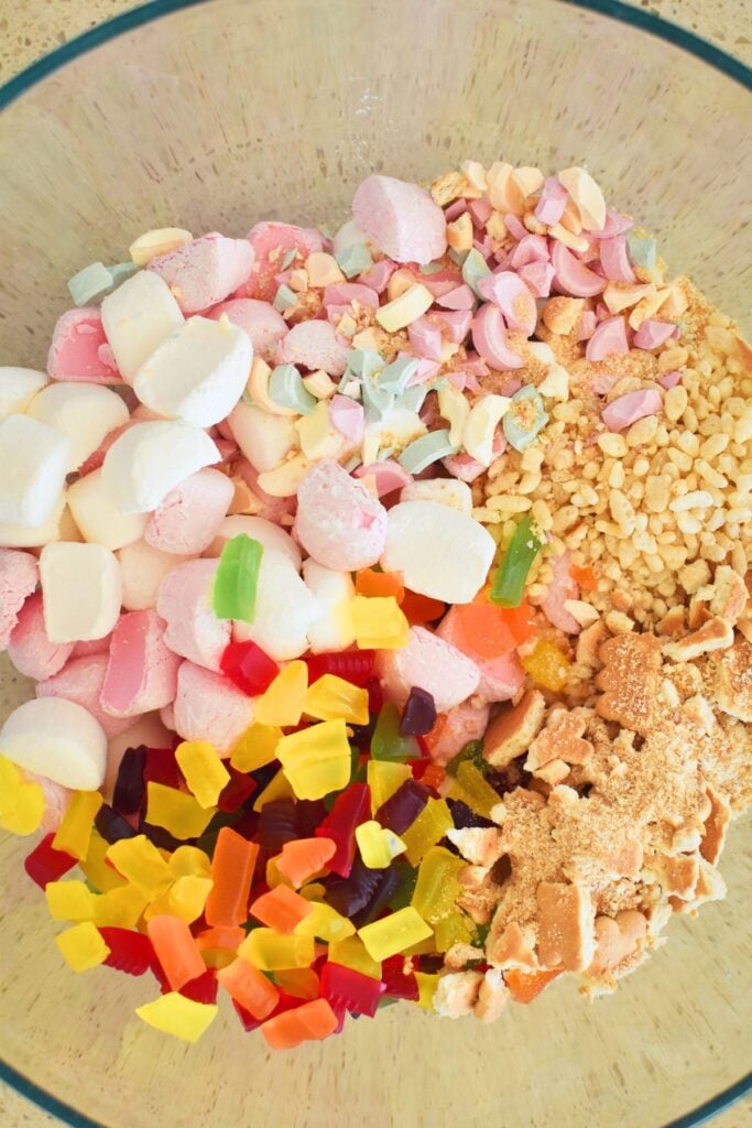chopped ingredients for white chocolate rocky road.