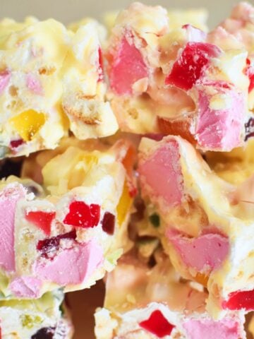 white chocolate rocky road pieces.