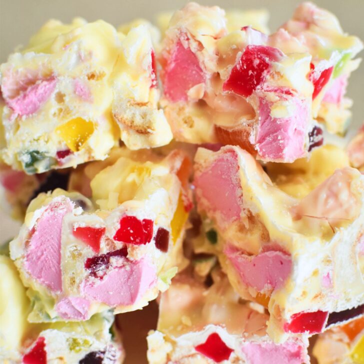 white chocolate rocky road pieces.
