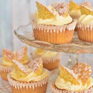 butterfly cakes on cake stand.