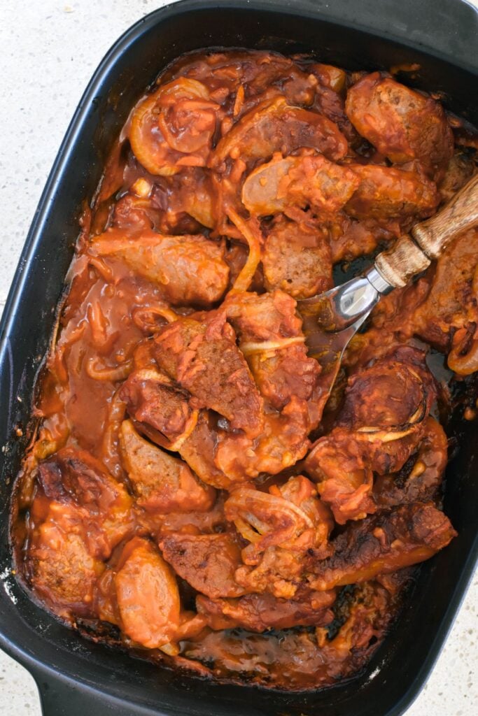 sausage casserole in casserole dish.