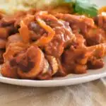 sausage casserole on plate.