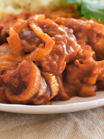 sausage casserole on plate.