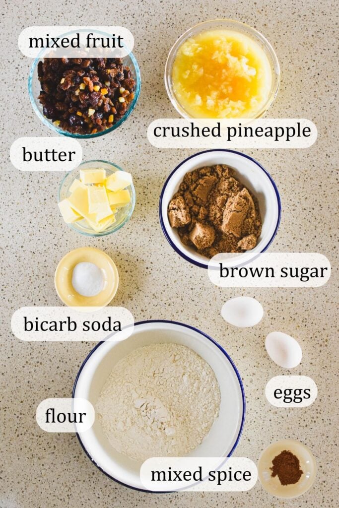 ingredients for boiled pineapple fruit cake.