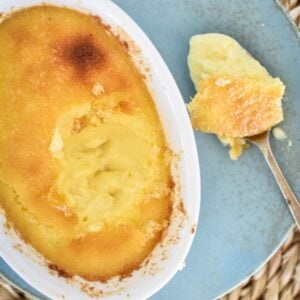 coconut custard on plate with scoop on spoon.