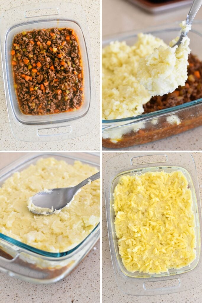 adding potato layer to cottage pie.