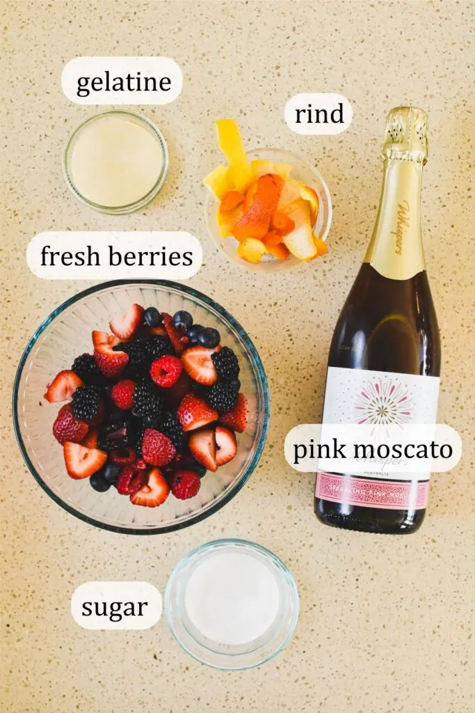 ingredients for berries in moscato jelly.