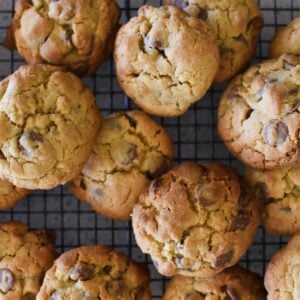 Toll house cookies on cooling tray.