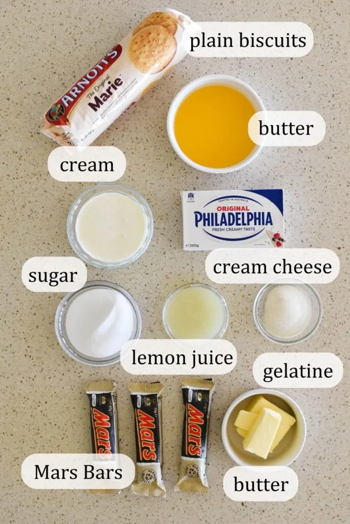 ingredients for mars bar cheesecake.