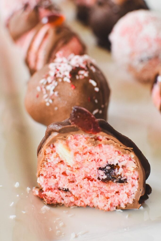 cherry ripe balls on tray.