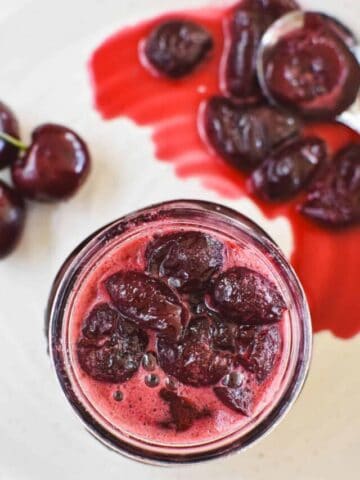cherry compote in jar.