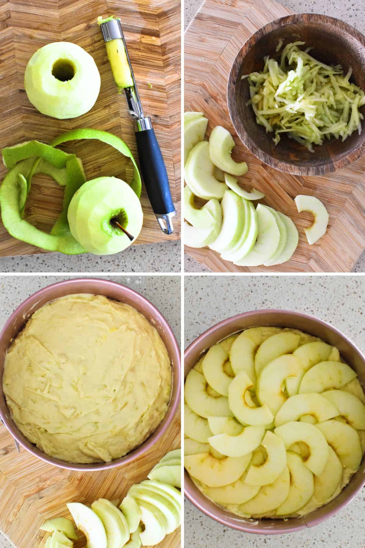 collage of various steps involved in making apple tea cake.
