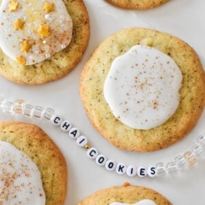 Taylor Swift's Chai Cookies on plate with friendship bracelet saying "chai cookies".