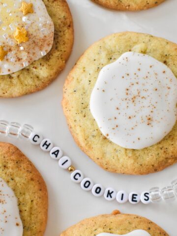 Taylor Swift's Chai Cookies on plate with friendship bracelet saying "chai cookies".