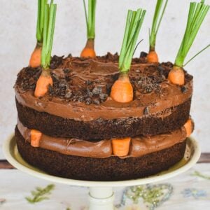 Chocolate Carrot Cake on cake stand.