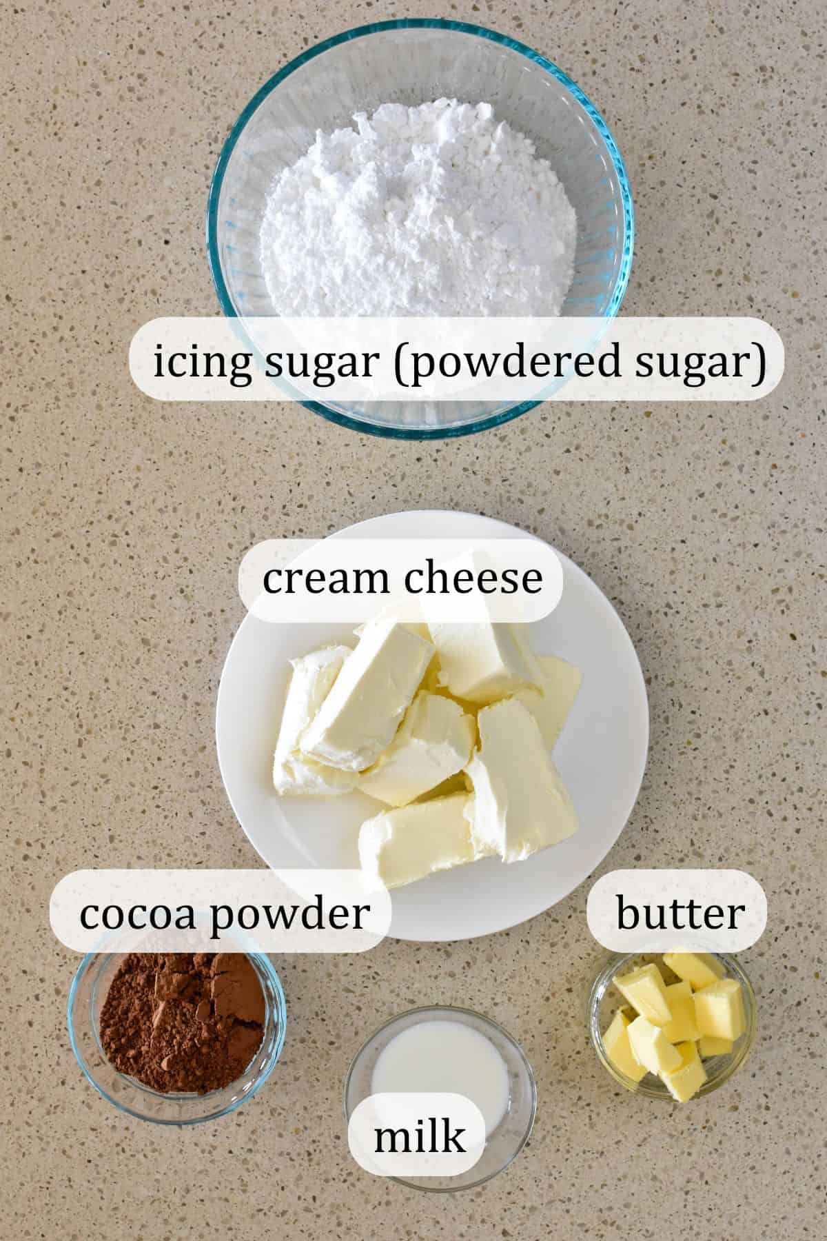 Ingredients for 
Chocolate Cake Cream Cheese Icing.