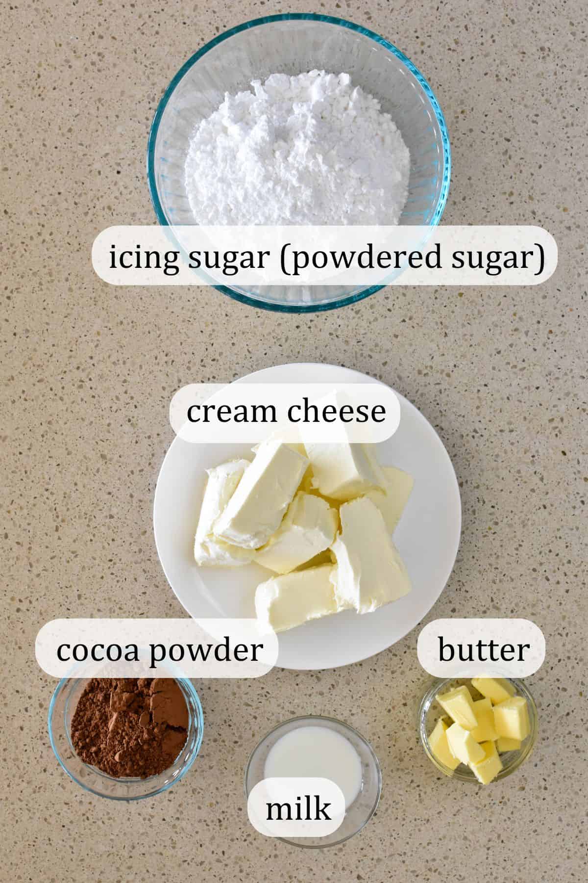 Ingredients for
Chocolate Cake Cream Cheese Icing.
