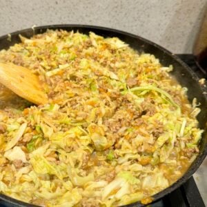 Cabbage Mince Chow Mein in frypan.