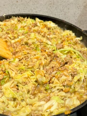 Cabbage Mince Chow Mein in frypan.