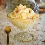 creamed rice in glass dessert dish.