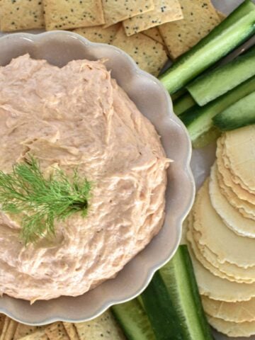 Salmon dip in dish surrounded by crackers.