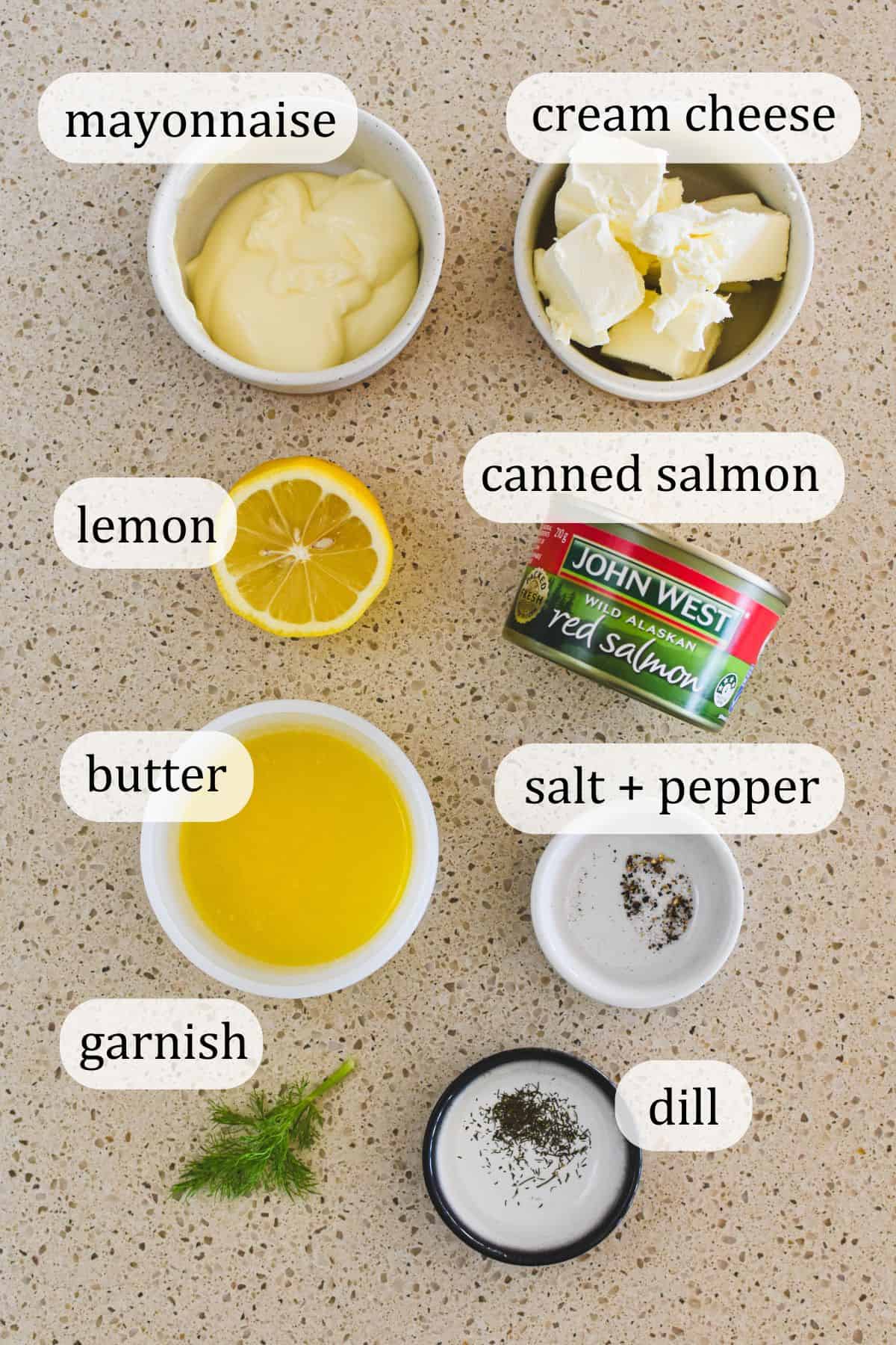 Ingredients for canned salmon dip.