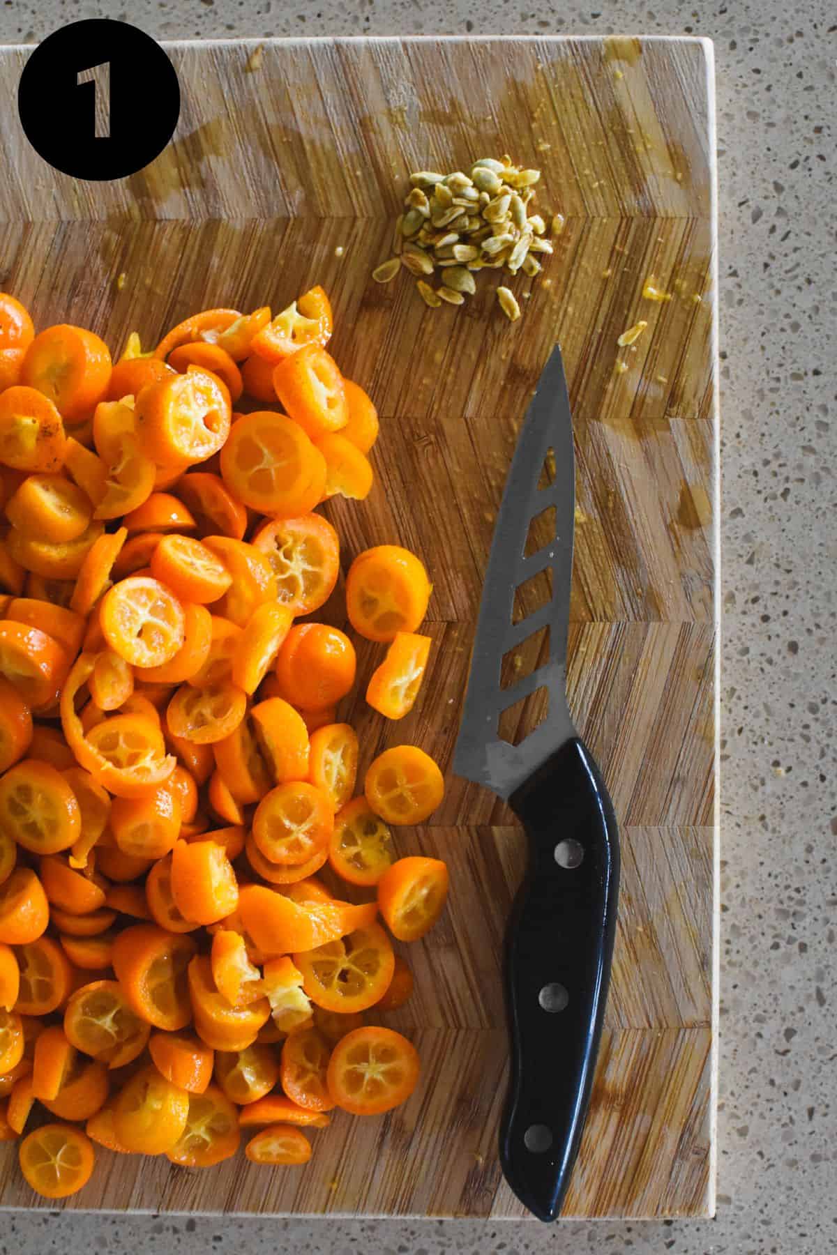 Chopping up kumquats.