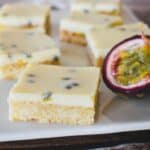 Passionfruit Slice square on plate.