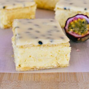 Vanilla Slice with passionfruit icing.