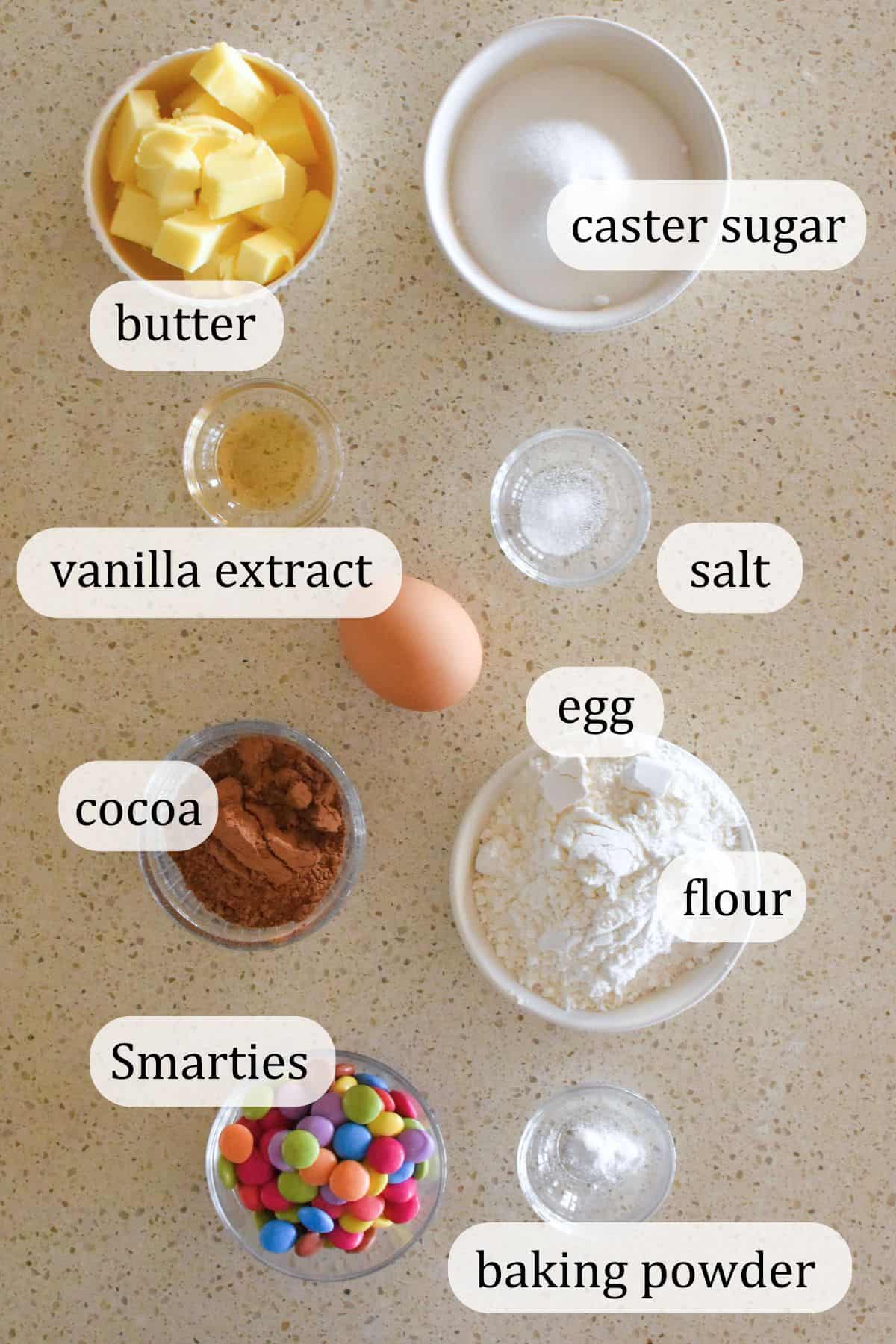 Ingredients for Smartie Cookies.