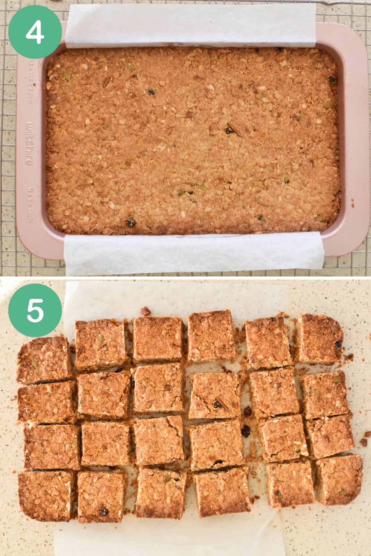 Cutting up Muesli Slice.