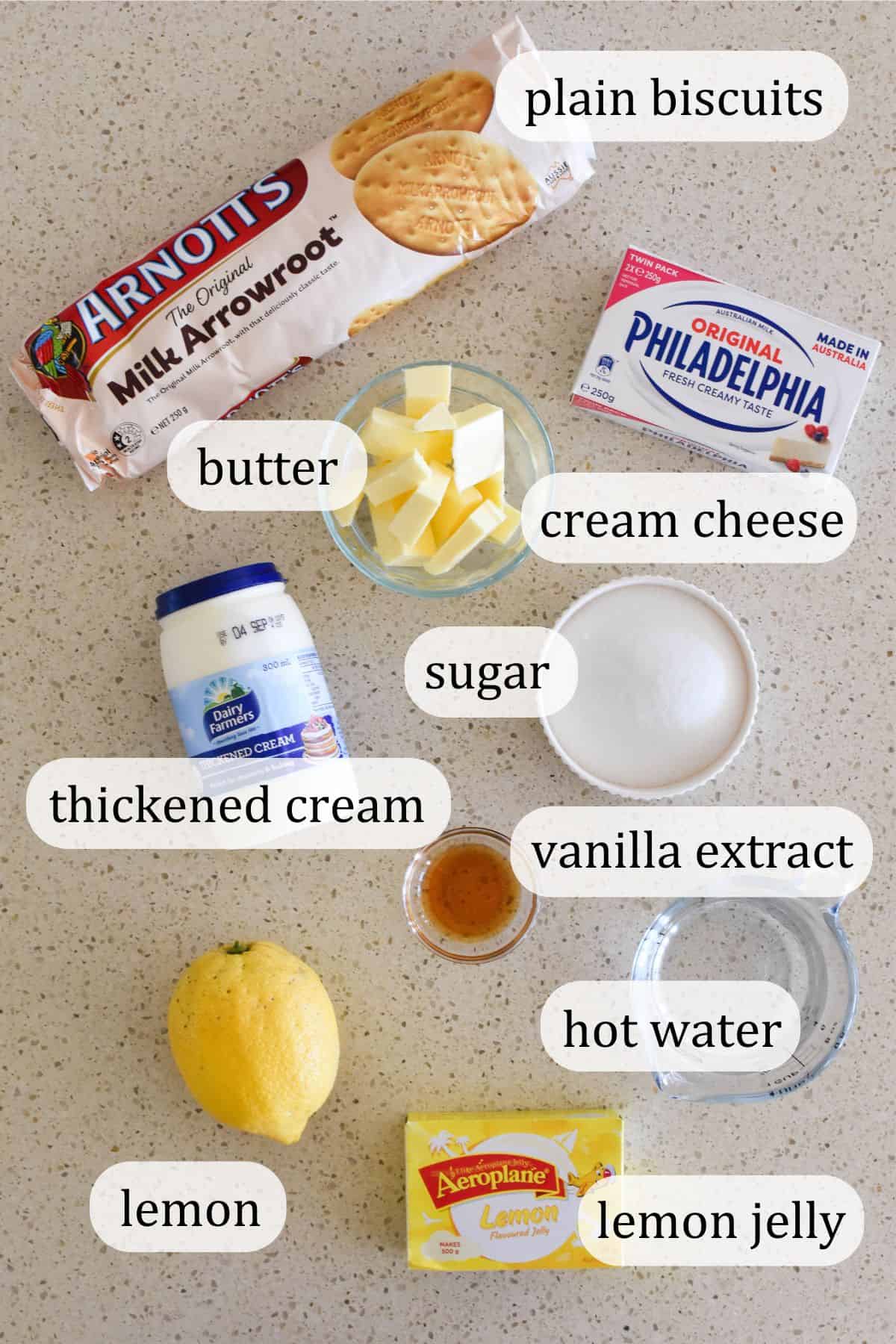 Ingredients for Lemon No Bake Cheesecake.