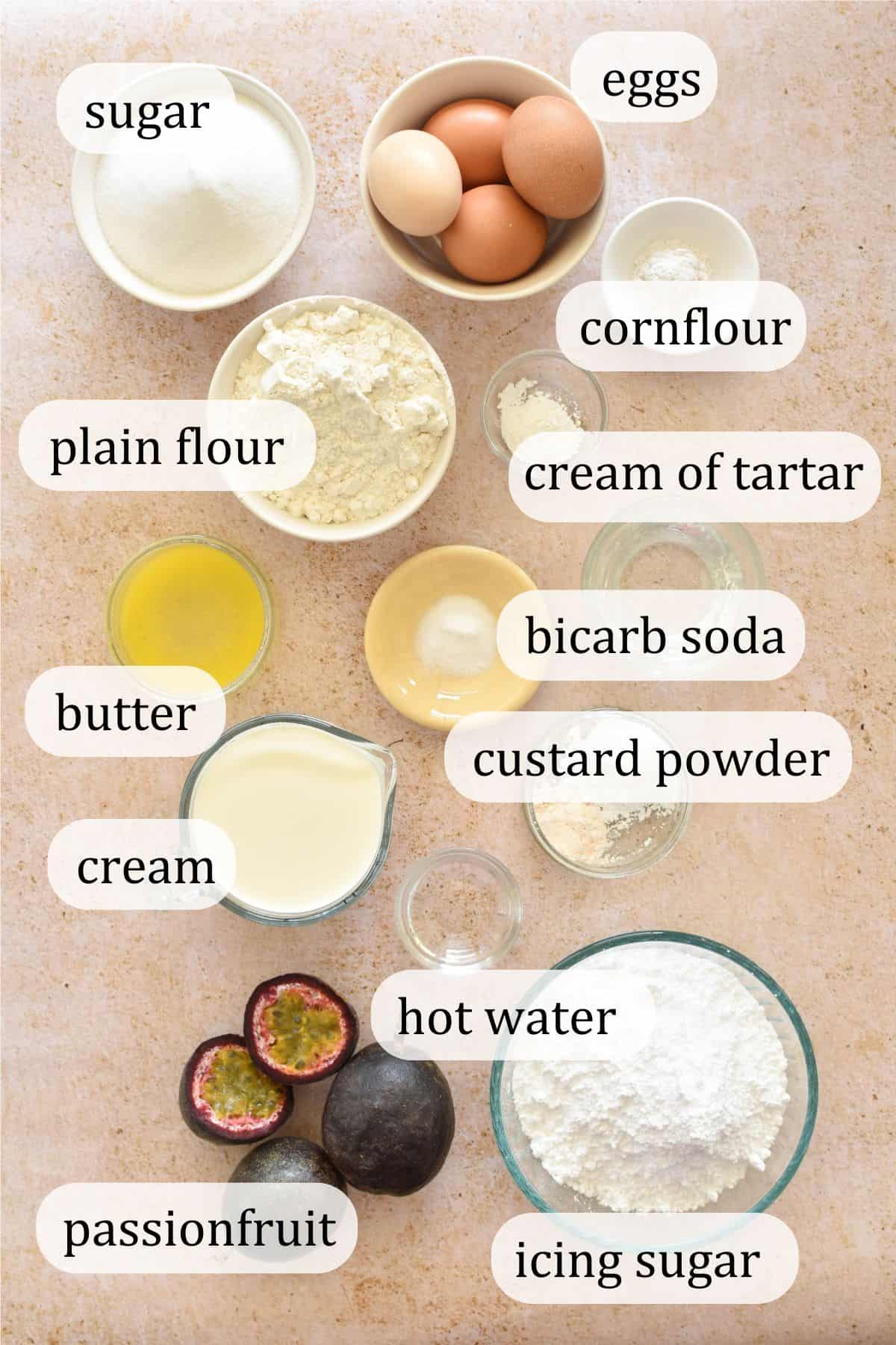 Ingredients for Passionfruit Sponge Cake.