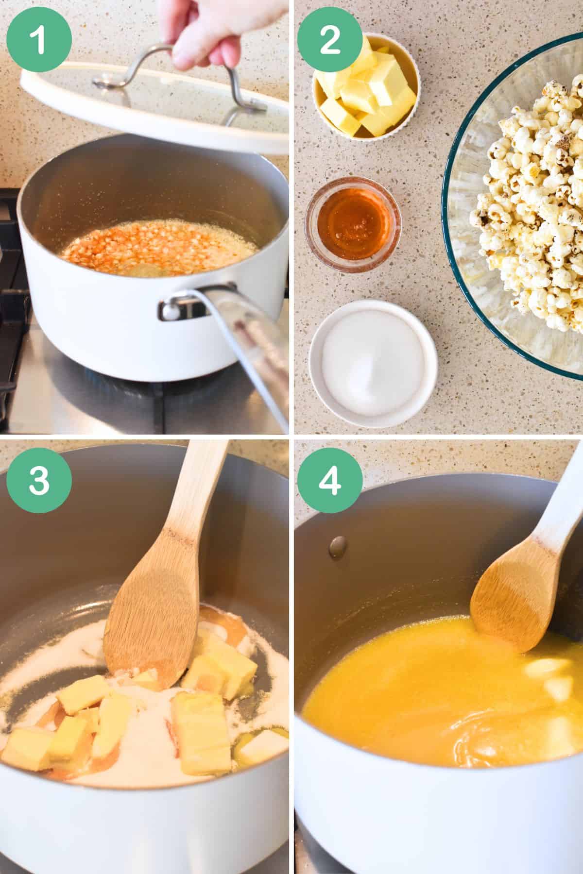 Steps in making honey popcorn.