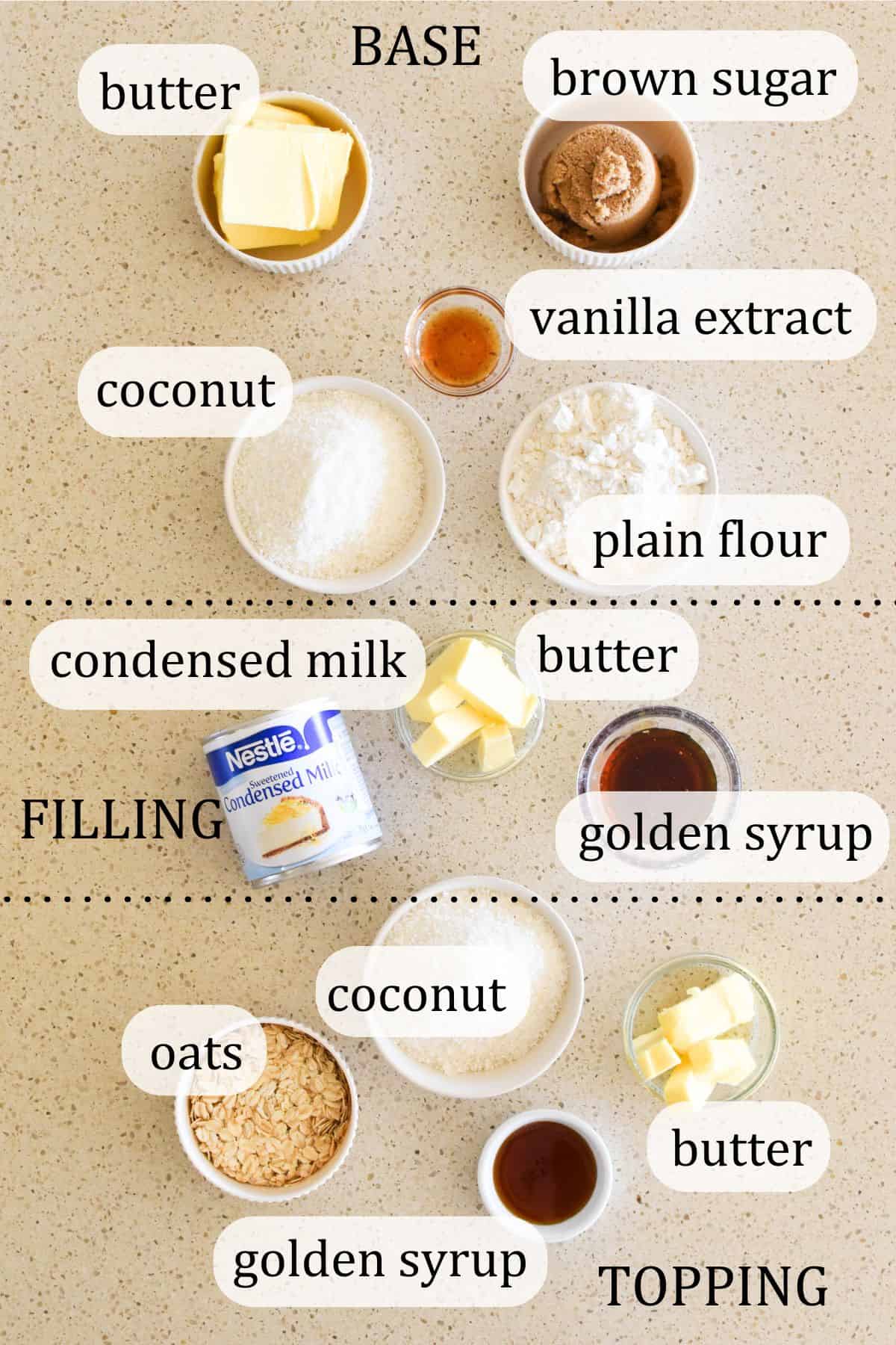Ingredients for Caramel Oat Slice.