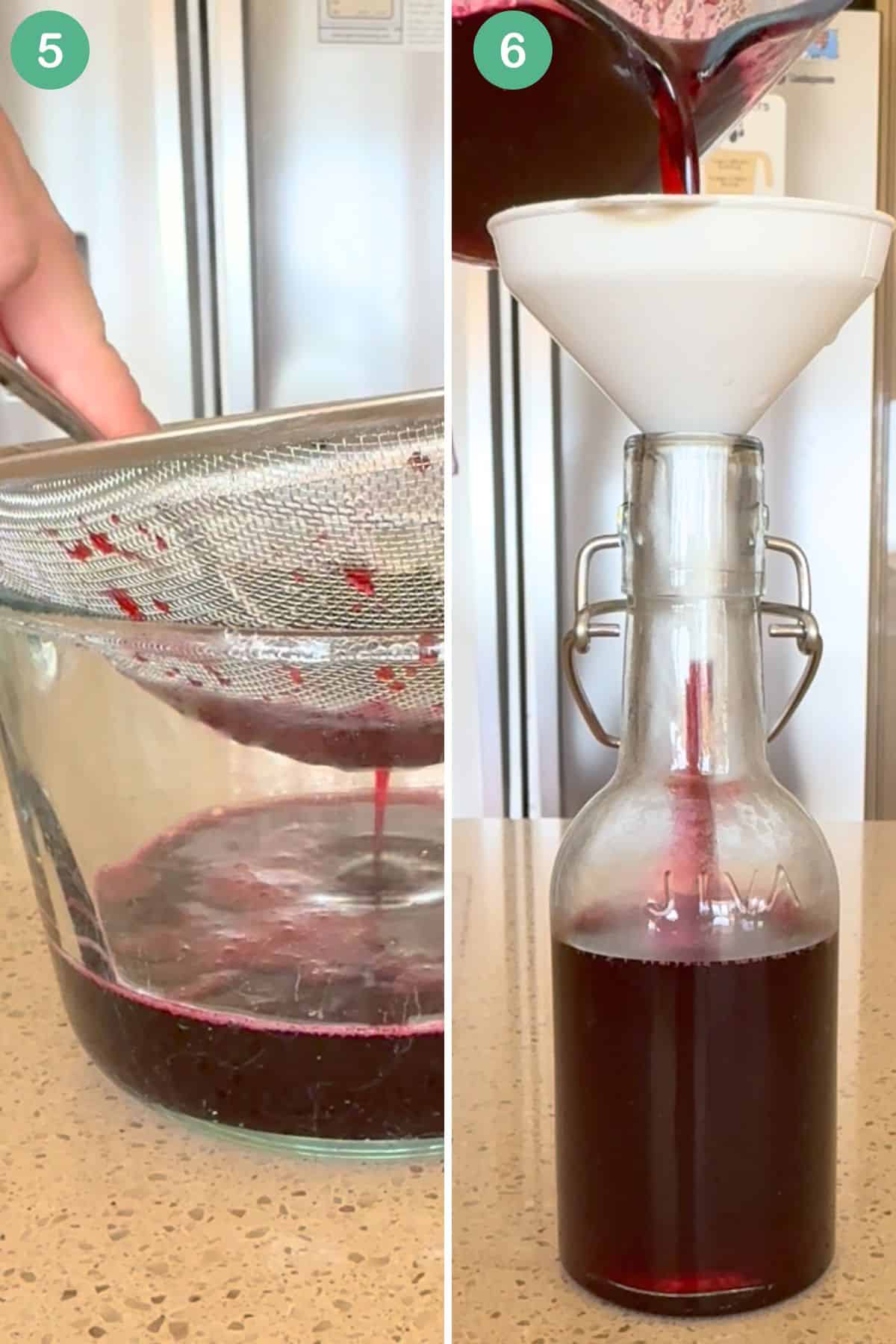 Bottling mulberry syrup.