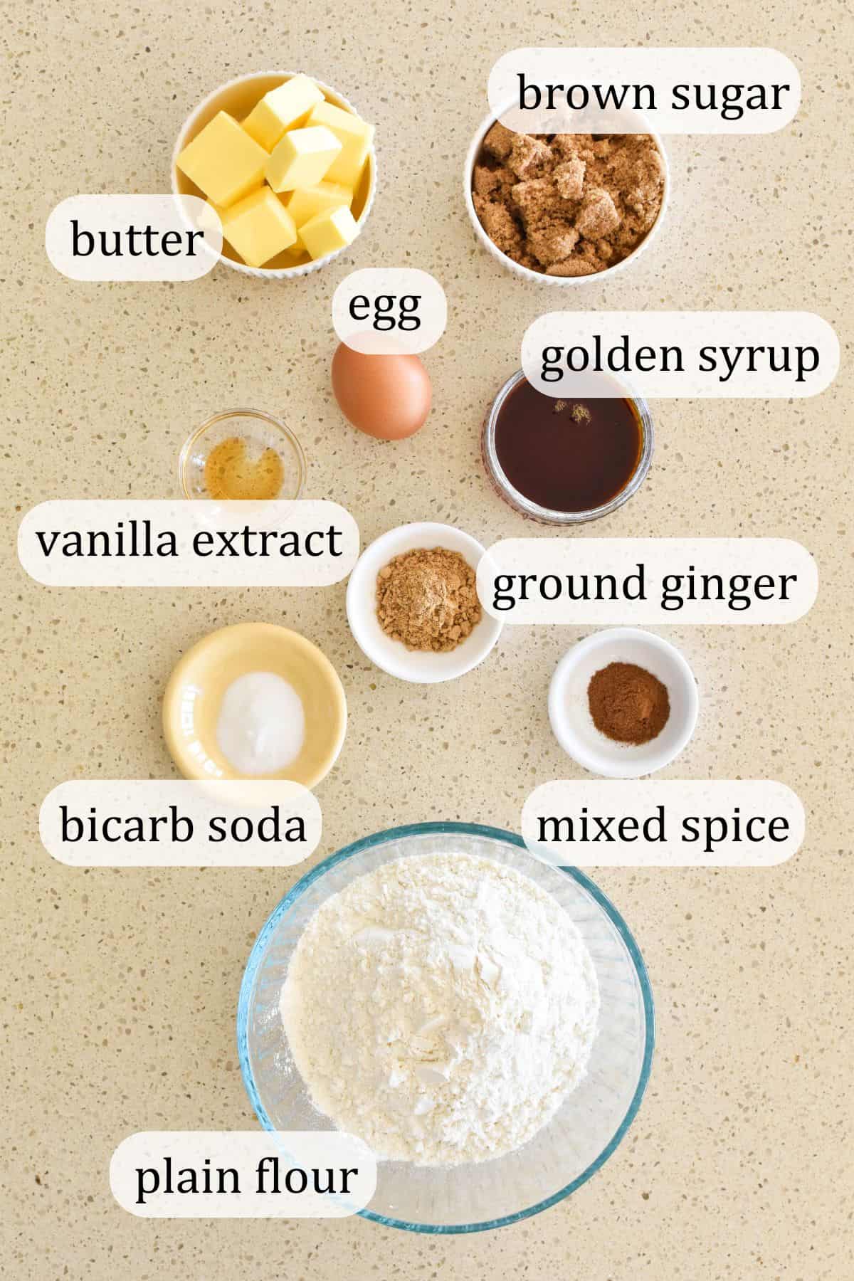 Ingredients assembled for making gingerbread Christmas trees.