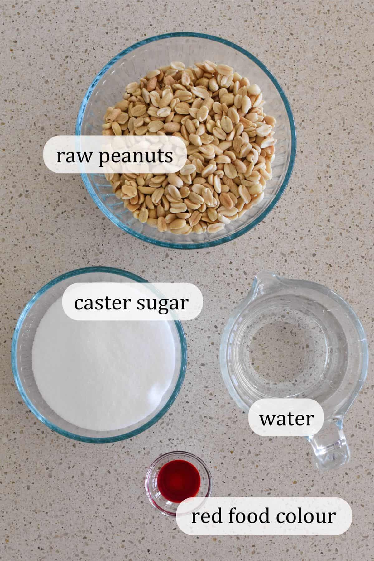 Ingredients for sugar coated peanuts.