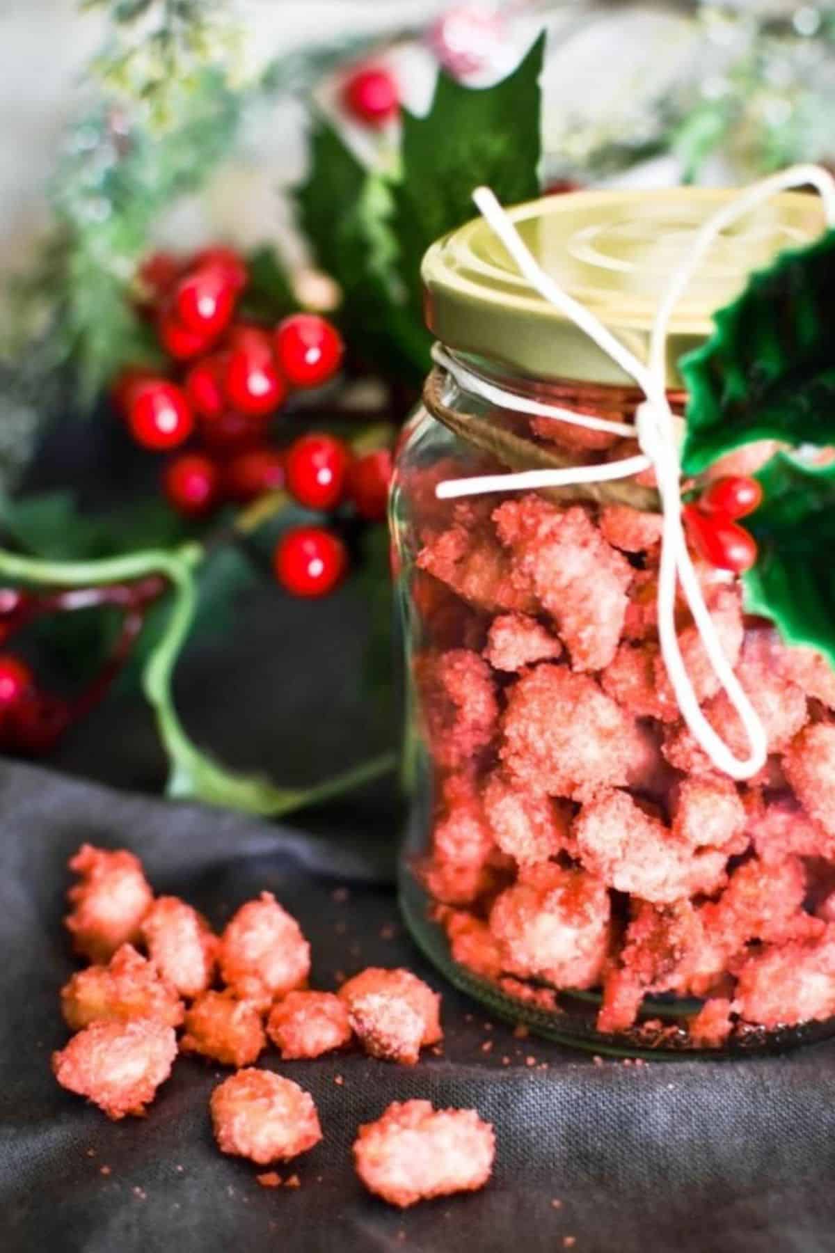 Sugar coated peanuts ina jar.