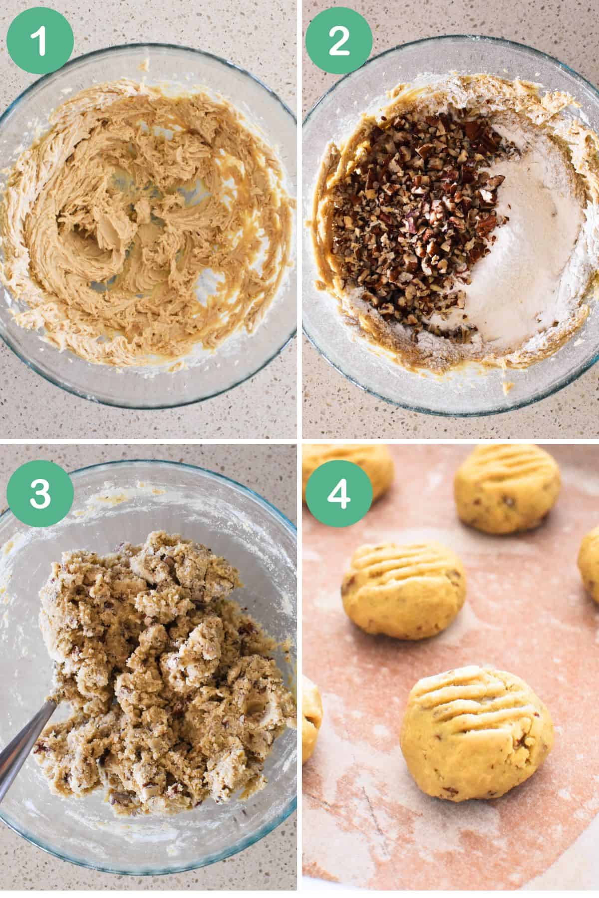Collage of images showing steps in making Pecan Biscuits.