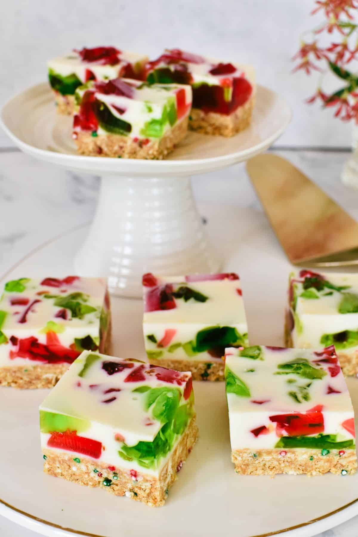 Christmas Jelly Slice with a biscuit base layer and red, green and milk jelly top layer.