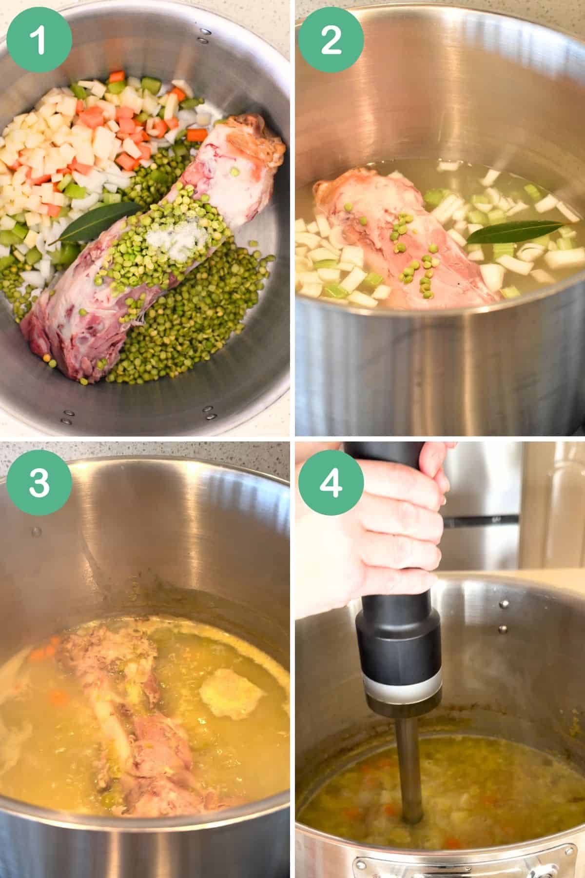 Collage showing steps to make Pea and Ham Soup.