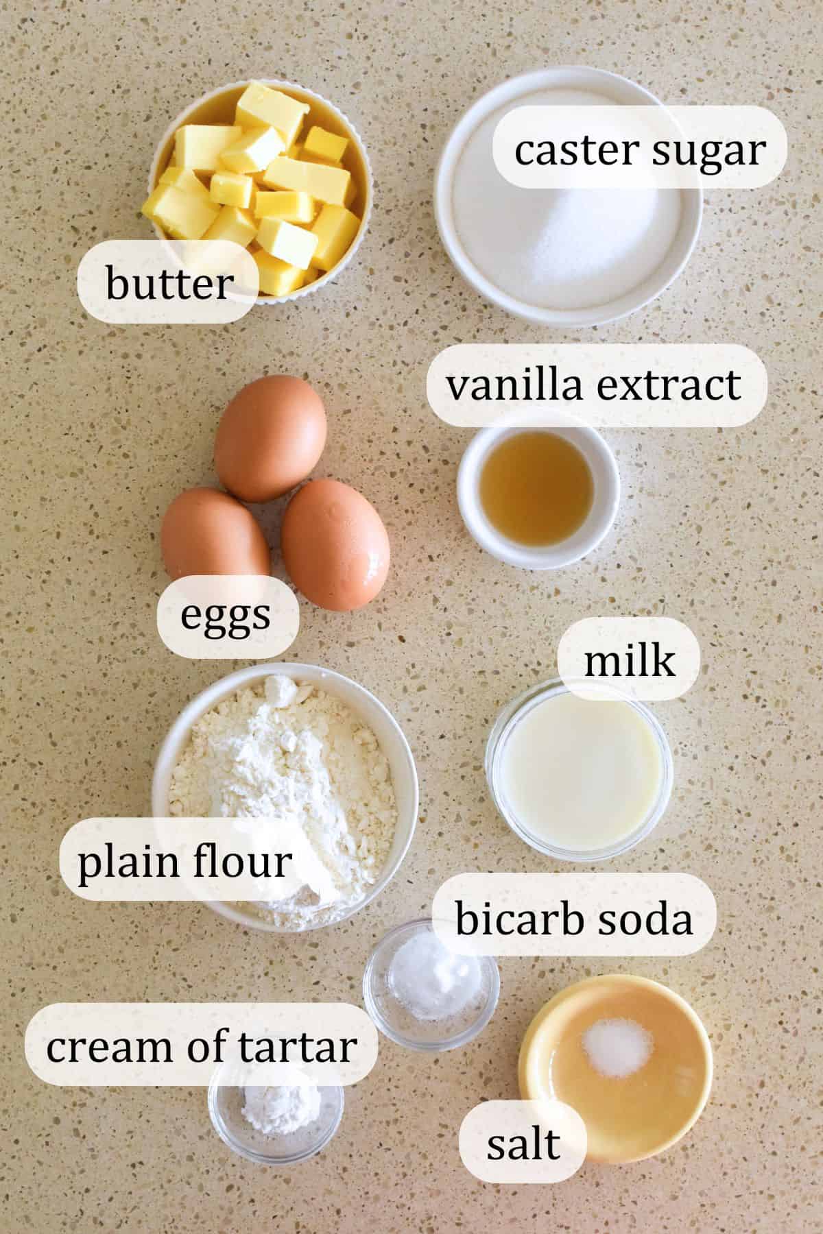 Ingredients for Lamington sponge cake.