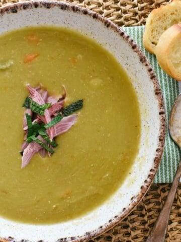 Pea and Ham Soup in bowl.